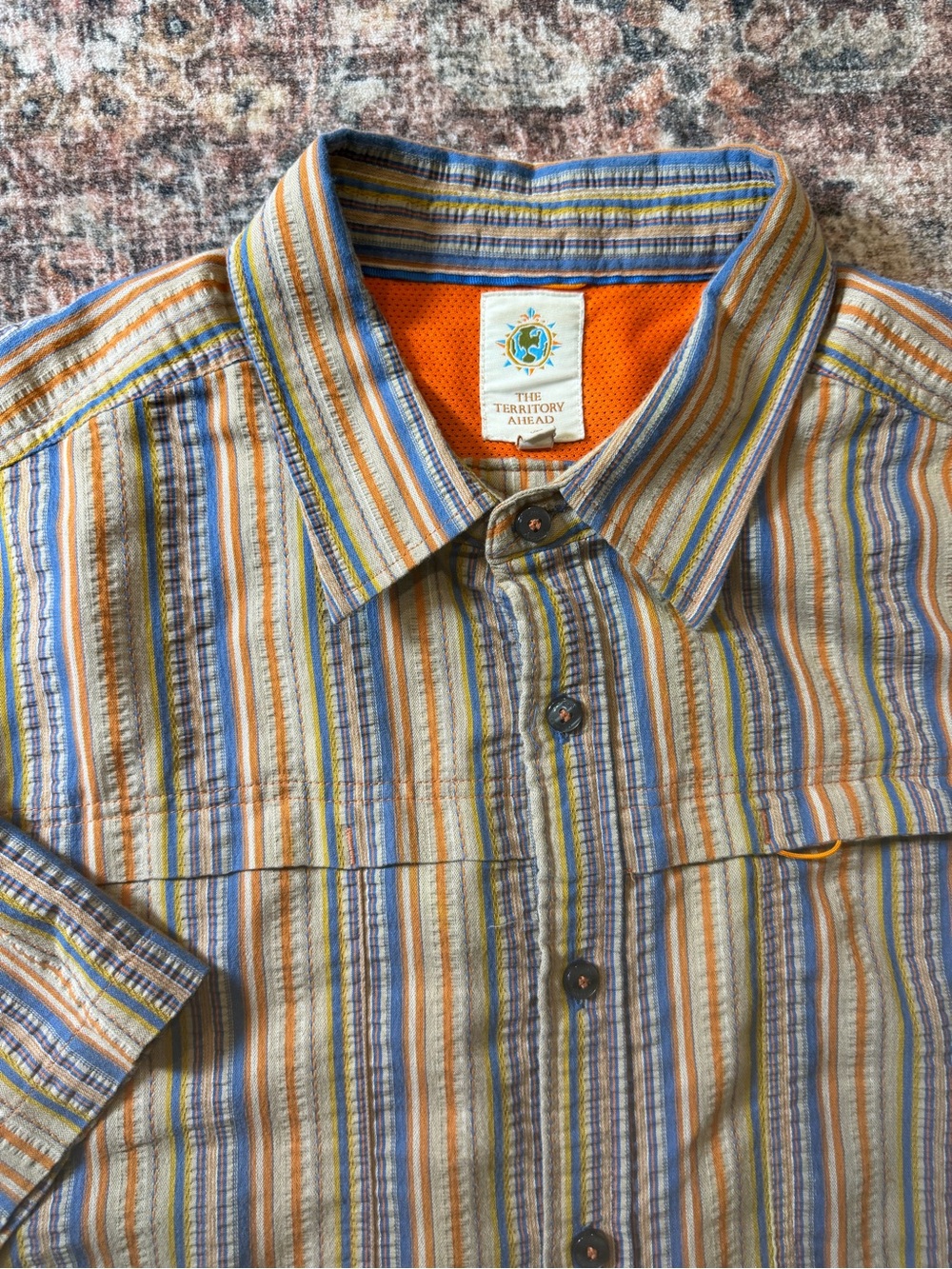 Vintage The Territory Ahead Men's Striped Button-Up Shirt in Orange & Blue XXL